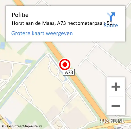 Locatie op kaart van de 112 melding: Politie Horst aan de Maas, A73 hectometerpaal: 50 op 16 januari 2024 19:19