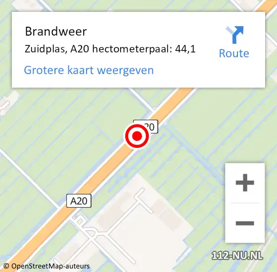 Locatie op kaart van de 112 melding: Brandweer Zuidplas, A20 hectometerpaal: 44,1 op 17 januari 2024 07:20