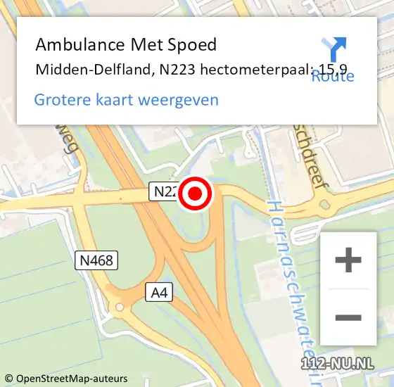 Locatie op kaart van de 112 melding: Ambulance Met Spoed Naar Midden-Delfland, N223 hectometerpaal: 15,9 op 17 januari 2024 09:02