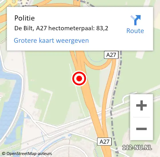 Locatie op kaart van de 112 melding: Politie De Bilt, A27 hectometerpaal: 83,2 op 17 januari 2024 09:17