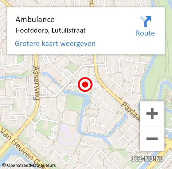 Locatie op kaart van de 112 melding: Ambulance Hoofddorp, Lutulistraat op 17 januari 2024 13:23