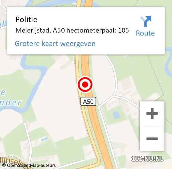 Locatie op kaart van de 112 melding: Politie Meierijstad, A50 hectometerpaal: 105 op 17 januari 2024 13:49