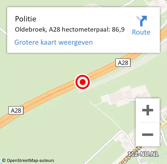 Locatie op kaart van de 112 melding: Politie Oldebroek, A28 hectometerpaal: 86,9 op 17 januari 2024 14:40