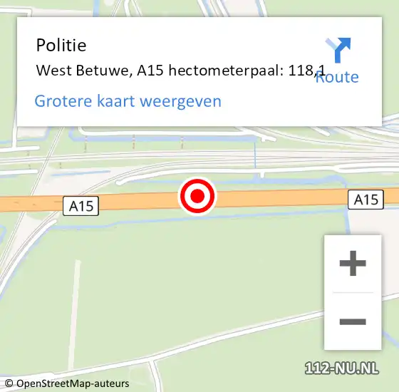 Locatie op kaart van de 112 melding: Politie West Betuwe, A15 hectometerpaal: 118,1 op 17 januari 2024 16:47