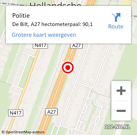 Locatie op kaart van de 112 melding: Politie De Bilt, A27 hectometerpaal: 90,1 op 17 januari 2024 18:20