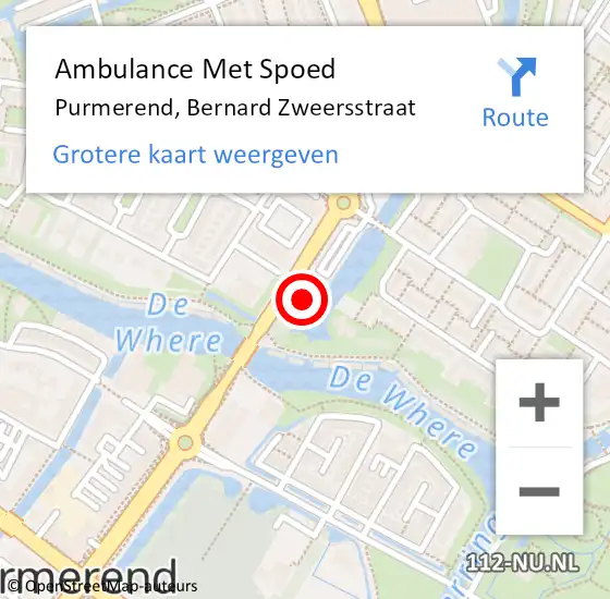 Locatie op kaart van de 112 melding: Ambulance Met Spoed Naar Purmerend, Bernard Zweersstraat op 17 januari 2024 19:25