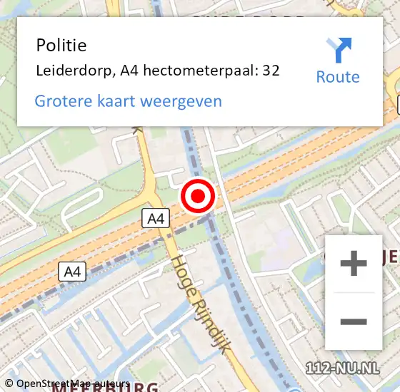 Locatie op kaart van de 112 melding: Politie Leiderdorp, A4 hectometerpaal: 32 op 17 januari 2024 21:11