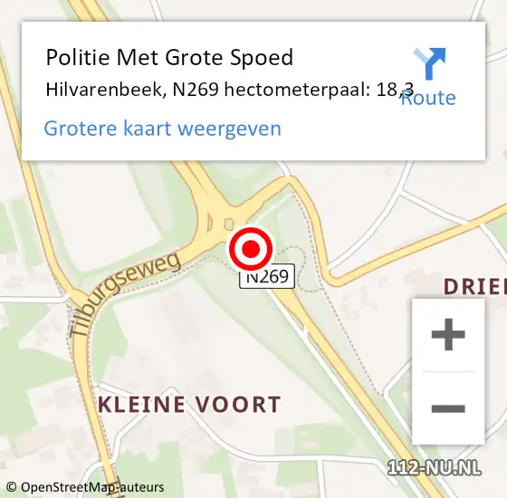 Locatie op kaart van de 112 melding: Politie Met Grote Spoed Naar Hilvarenbeek, N269 hectometerpaal: 18,3 op 18 januari 2024 00:32