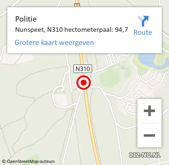 Locatie op kaart van de 112 melding: Politie Nunspeet, N310 hectometerpaal: 94,7 op 18 januari 2024 06:50