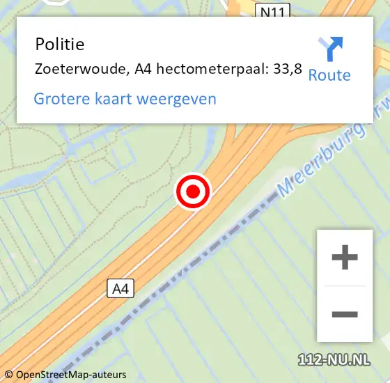 Locatie op kaart van de 112 melding: Politie Zoeterwoude, A4 hectometerpaal: 33,8 op 18 januari 2024 06:53