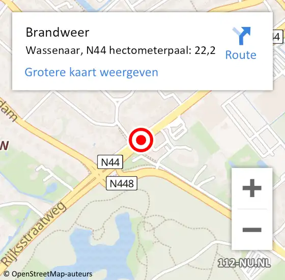 Locatie op kaart van de 112 melding: Brandweer Wassenaar, N44 hectometerpaal: 22,2 op 18 januari 2024 07:31