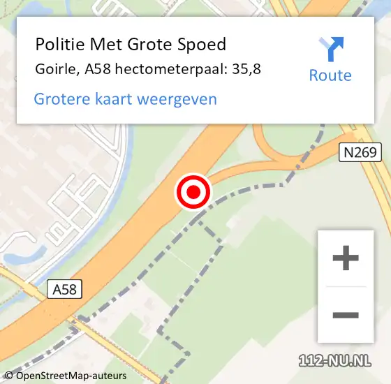 Locatie op kaart van de 112 melding: Politie Met Grote Spoed Naar Goirle, A58 hectometerpaal: 35,8 op 18 januari 2024 07:59