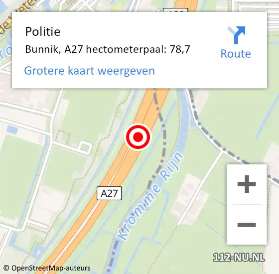 Locatie op kaart van de 112 melding: Politie Bunnik, A27 hectometerpaal: 78,7 op 18 januari 2024 08:13