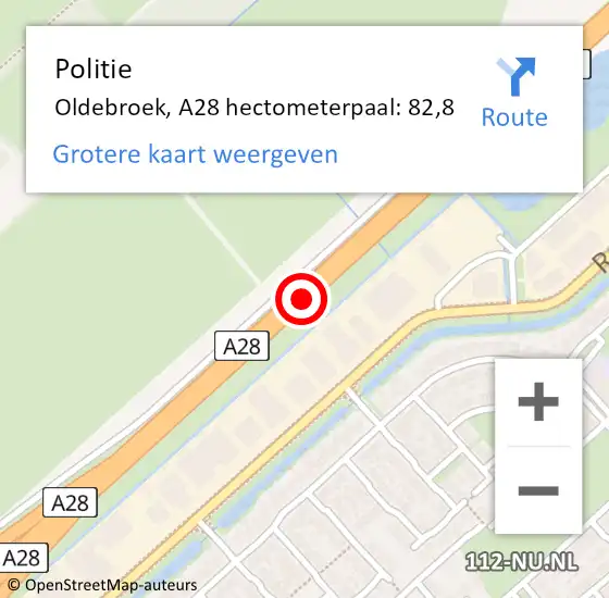 Locatie op kaart van de 112 melding: Politie Oldebroek, A28 hectometerpaal: 82,8 op 18 januari 2024 10:55