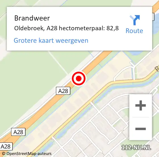 Locatie op kaart van de 112 melding: Brandweer Oldebroek, A28 hectometerpaal: 82,8 op 18 januari 2024 10:59