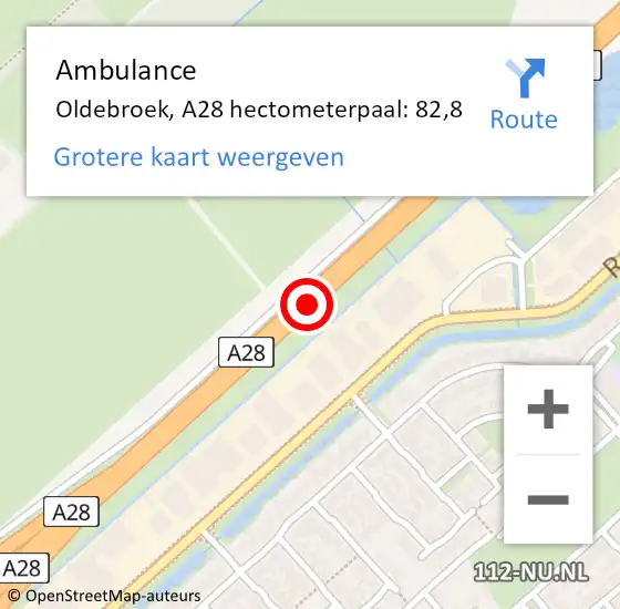 Locatie op kaart van de 112 melding: Ambulance Oldebroek, A28 hectometerpaal: 82,8 op 18 januari 2024 11:17