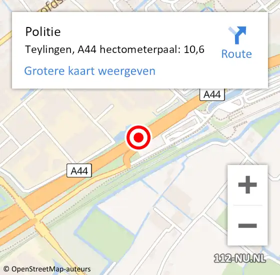 Locatie op kaart van de 112 melding: Politie Teylingen, A44 hectometerpaal: 10,6 op 18 januari 2024 13:28