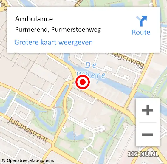 Locatie op kaart van de 112 melding: Ambulance Purmerend, Purmersteenweg op 18 januari 2024 14:20