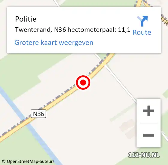 Locatie op kaart van de 112 melding: Politie Twenterand, N36 hectometerpaal: 11,1 op 18 januari 2024 15:59
