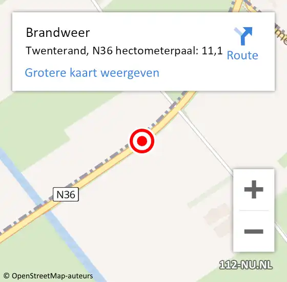 Locatie op kaart van de 112 melding: Brandweer Twenterand, N36 hectometerpaal: 11,1 op 18 januari 2024 16:24
