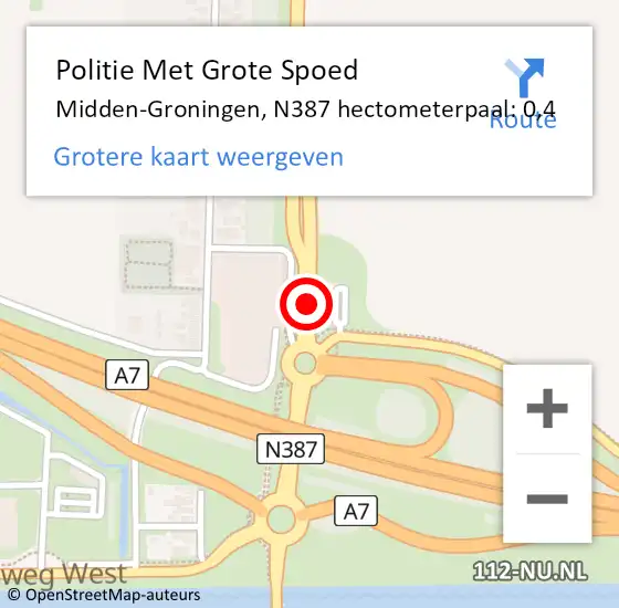 Locatie op kaart van de 112 melding: Politie Met Grote Spoed Naar Midden-Groningen, N387 hectometerpaal: 0,4 op 18 januari 2024 16:52