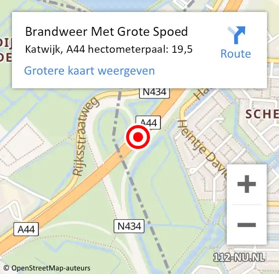 Locatie op kaart van de 112 melding: Brandweer Met Grote Spoed Naar Katwijk, A44 hectometerpaal: 19,5 op 18 januari 2024 22:37