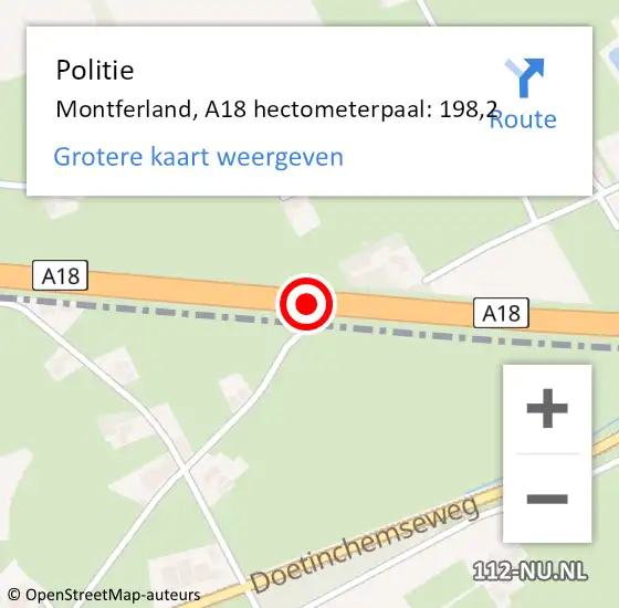 Locatie op kaart van de 112 melding: Politie Montferland, A18 hectometerpaal: 198,2 op 18 januari 2024 23:22