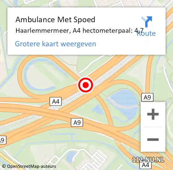 Locatie op kaart van de 112 melding: Ambulance Met Spoed Naar Haarlemmermeer, A4 hectometerpaal: 4,7 op 19 januari 2024 01:31