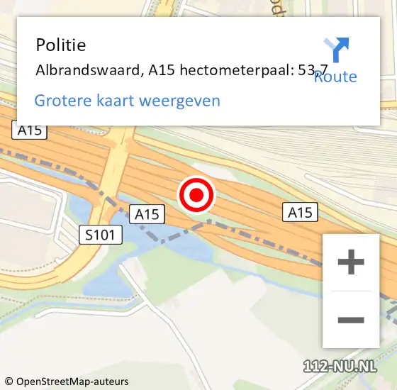 Locatie op kaart van de 112 melding: Politie Albrandswaard, A15 hectometerpaal: 53,7 op 19 januari 2024 06:04