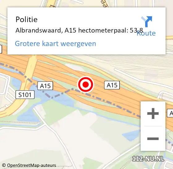 Locatie op kaart van de 112 melding: Politie Albrandswaard, A15 hectometerpaal: 53,8 op 19 januari 2024 06:09