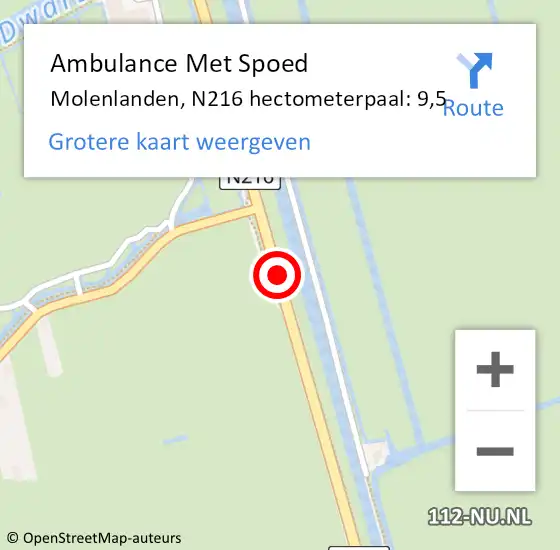 Locatie op kaart van de 112 melding: Ambulance Met Spoed Naar Molenlanden, N216 hectometerpaal: 9,5 op 19 januari 2024 06:19