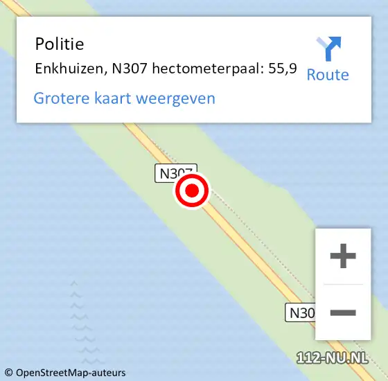 Locatie op kaart van de 112 melding: Politie Enkhuizen, N307 hectometerpaal: 55,9 op 19 januari 2024 06:59