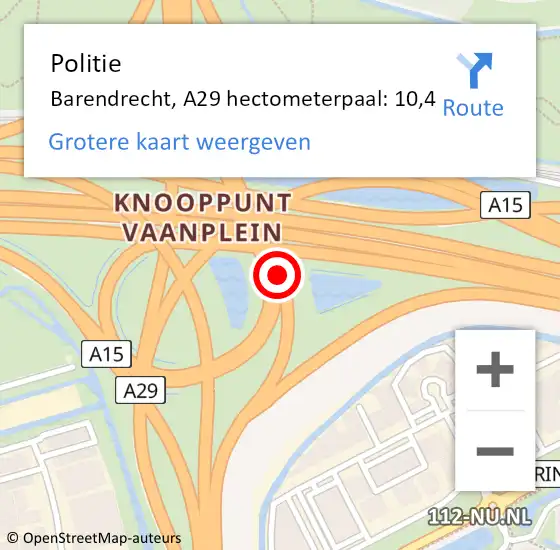 Locatie op kaart van de 112 melding: Politie Barendrecht, A29 hectometerpaal: 10,4 op 19 januari 2024 08:03