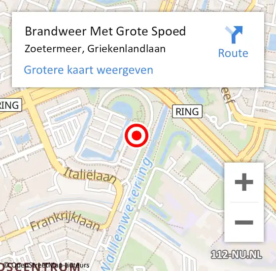 Locatie op kaart van de 112 melding: Brandweer Met Grote Spoed Naar Zoetermeer, Griekenlandlaan op 19 januari 2024 10:09