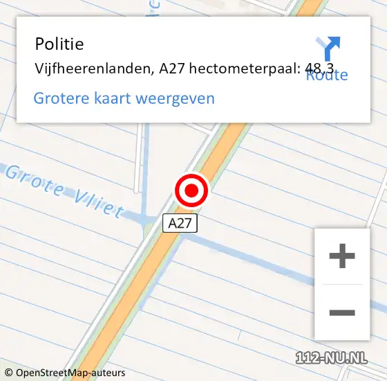 Locatie op kaart van de 112 melding: Politie Vijfheerenlanden, A27 hectometerpaal: 48,3 op 19 januari 2024 14:37