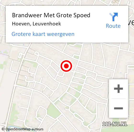 Locatie op kaart van de 112 melding: Brandweer Met Grote Spoed Naar Hoeven, Leuvenhoek op 19 januari 2024 14:38