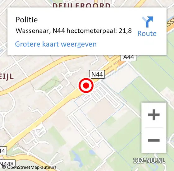 Locatie op kaart van de 112 melding: Politie Wassenaar, N44 hectometerpaal: 21,8 op 19 januari 2024 15:46