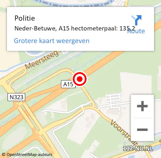 Locatie op kaart van de 112 melding: Politie Neder-Betuwe, A15 hectometerpaal: 135,2 op 19 januari 2024 16:14