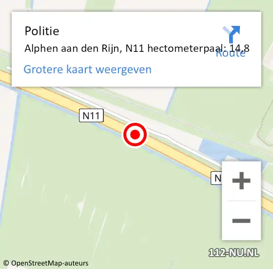 Locatie op kaart van de 112 melding: Politie Alphen aan den Rijn, N11 hectometerpaal: 14,8 op 19 januari 2024 17:30