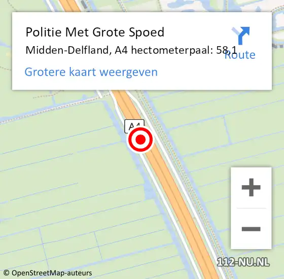 Locatie op kaart van de 112 melding: Politie Met Grote Spoed Naar Midden-Delfland, A4 hectometerpaal: 58,1 op 19 januari 2024 18:48
