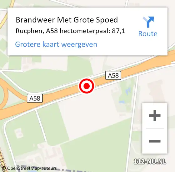 Locatie op kaart van de 112 melding: Brandweer Met Grote Spoed Naar Rucphen, A58 hectometerpaal: 87,1 op 19 januari 2024 21:11