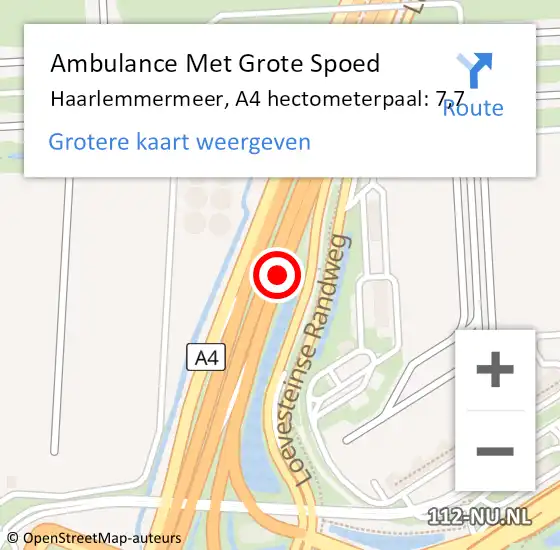 Locatie op kaart van de 112 melding: Ambulance Met Grote Spoed Naar Haarlemmermeer, A4 hectometerpaal: 7,7 op 19 januari 2024 21:29