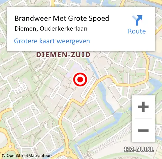 Locatie op kaart van de 112 melding: Brandweer Met Grote Spoed Naar Diemen, Ouderkerkerlaan op 19 januari 2024 22:25