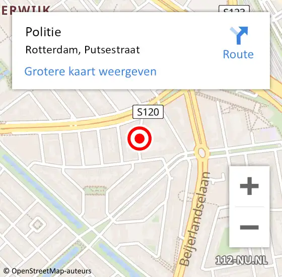 Locatie op kaart van de 112 melding: Politie Rotterdam, Putsestraat op 20 januari 2024 01:27