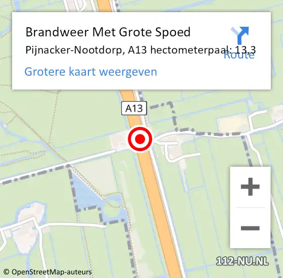 Locatie op kaart van de 112 melding: Brandweer Met Grote Spoed Naar Pijnacker-Nootdorp, A13 hectometerpaal: 13,3 op 20 januari 2024 05:29