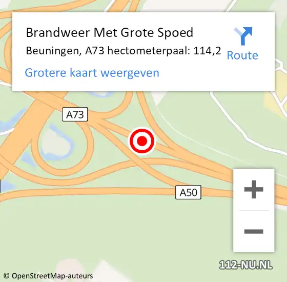 Locatie op kaart van de 112 melding: Brandweer Met Grote Spoed Naar Beuningen, A73 hectometerpaal: 114,2 op 20 januari 2024 08:06
