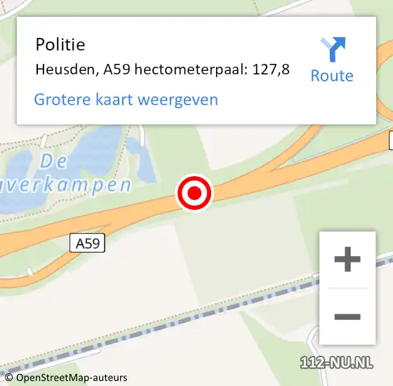 Locatie op kaart van de 112 melding: Politie Heusden, A59 hectometerpaal: 127,8 op 20 januari 2024 09:55