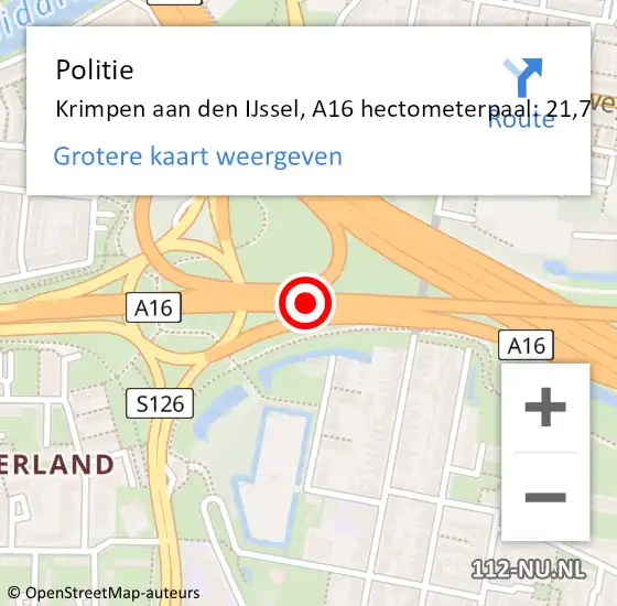 Locatie op kaart van de 112 melding: Politie Krimpen aan den IJssel, A16 hectometerpaal: 21,7 op 20 januari 2024 10:35