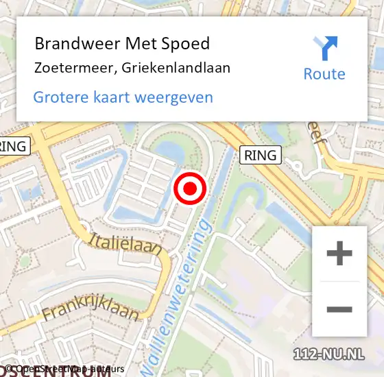 Locatie op kaart van de 112 melding: Brandweer Met Spoed Naar Zoetermeer, Griekenlandlaan op 20 januari 2024 10:46