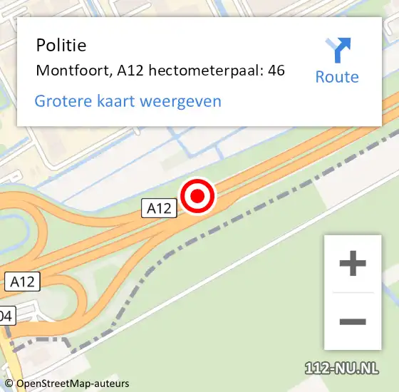 Locatie op kaart van de 112 melding: Politie Montfoort, A12 hectometerpaal: 46 op 20 januari 2024 14:16